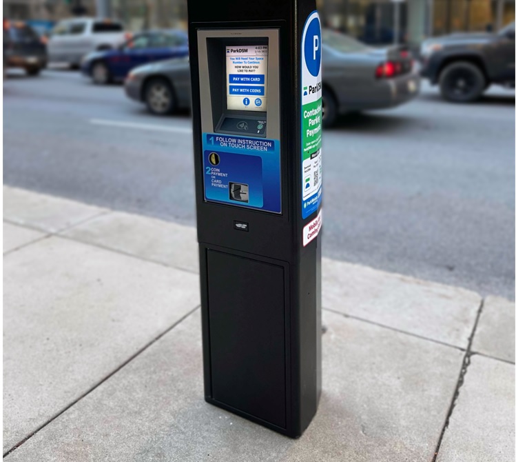 Flowbird solar powered smart multi-space parking pay stations Des Moines Iowa