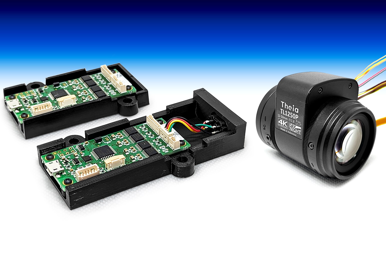 The motor control board connects to the host computer via USB, UART or I2C connection (image: Theia Technologies)