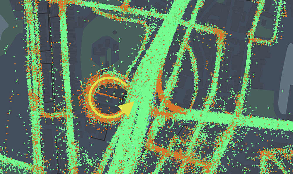 Visualisation of connected vehicle data on the Cahill Expressway (yellow arrow) and surrounding roads