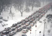 traffic jam in severe winter weather